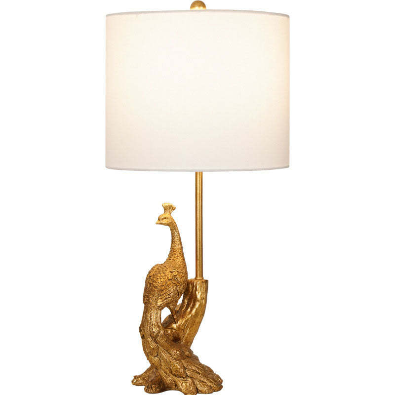 Vintage Cylindrical Peacock Resin Gold Fabric Lamp
