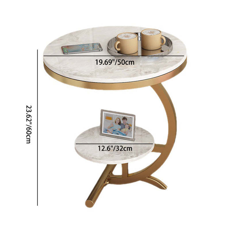 Minimalist Round Marble Metal 2-Tier Side Table — White Tabletop + Black Frame