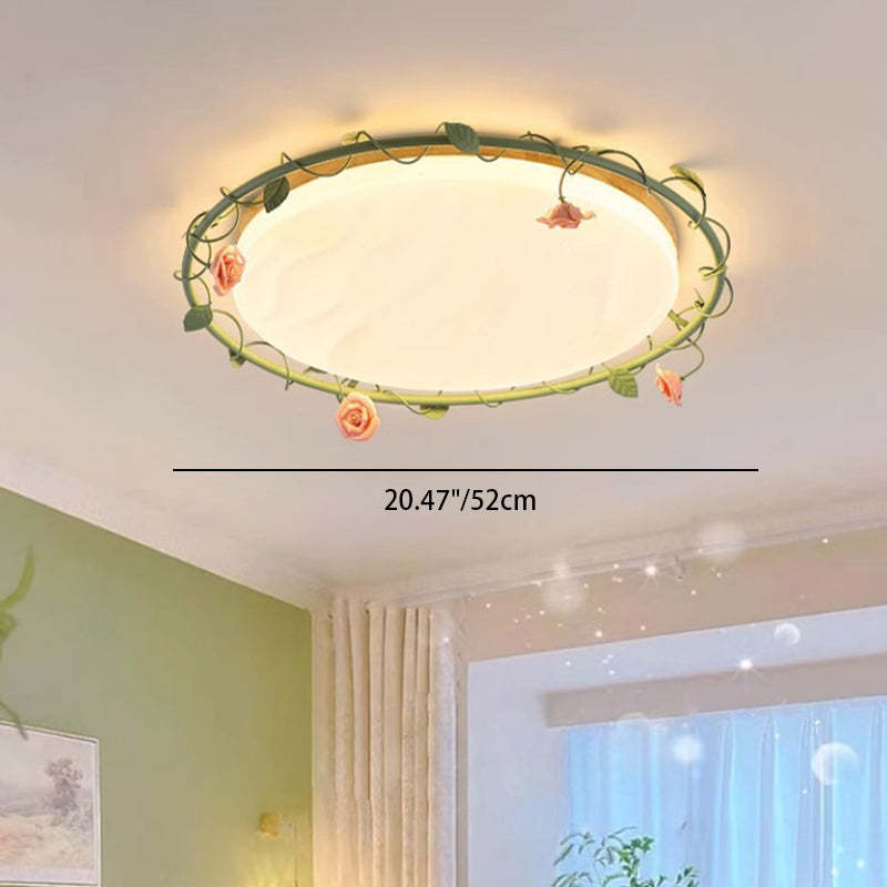 Round Rose Leaf Iron Rubberwood Acrylic LED Flush Light