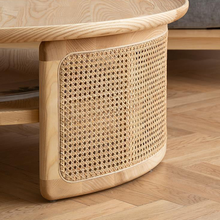 Nordic Round Wood Rattan 2-Tier Coffee Table