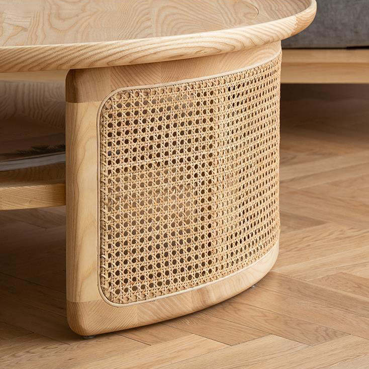 Nordic Round Wood Rattan 2-Tier Coffee Table