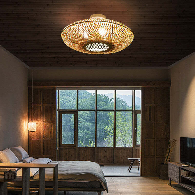 Japanese Bamboo Flying Saucer 3-Light Semi-Flush Light