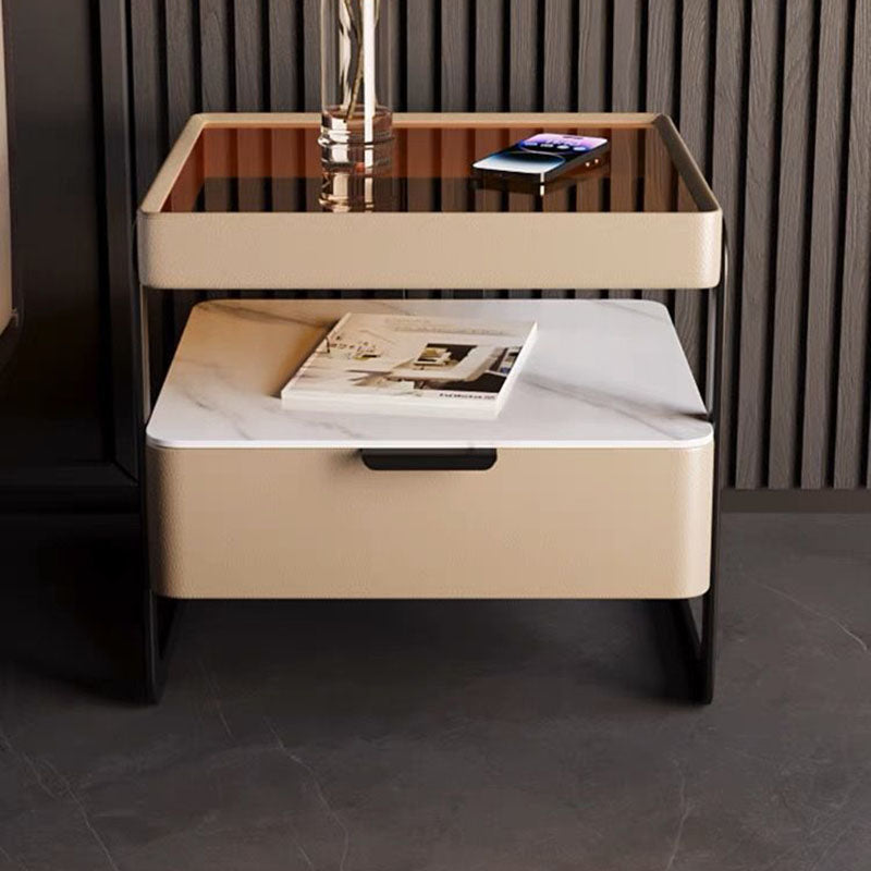 Nordic Reinforced Glass Leather Wood Nightstand 1-Drawer