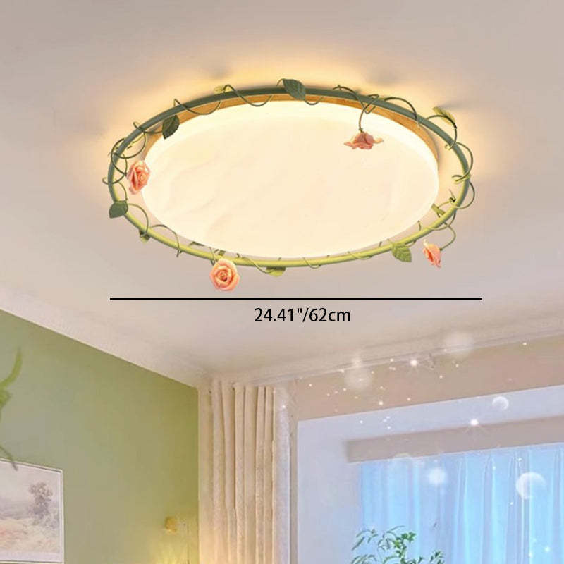 Round Rose Leaf Iron Rubberwood Acrylic LED Flush Light