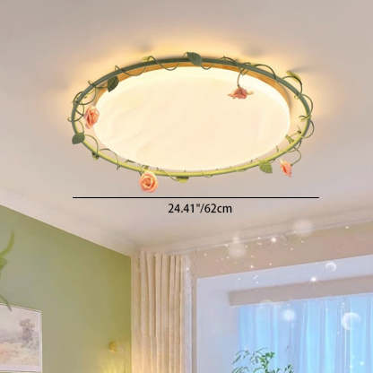 Round Rose Leaf Iron Rubberwood Acrylic LED Flush Light