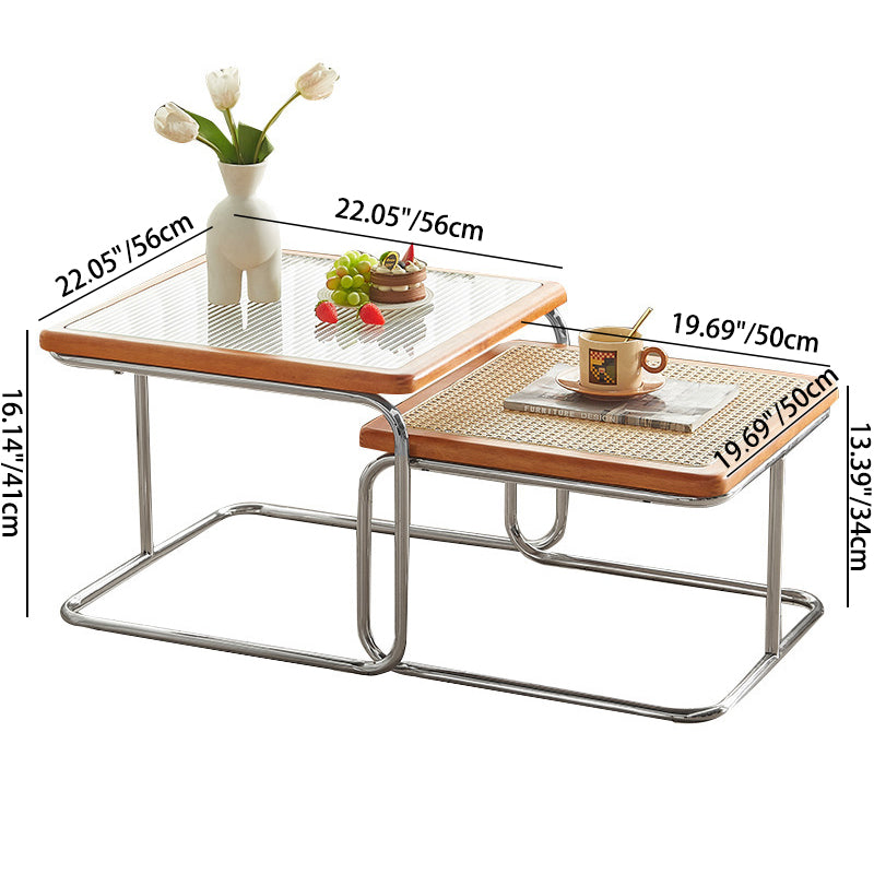 Nordic Square Glass Rattan Nesting Coffee Table
