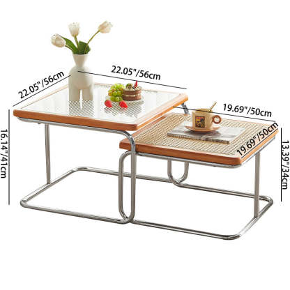 Nordic Square Glass Rattan Nesting Coffee Table