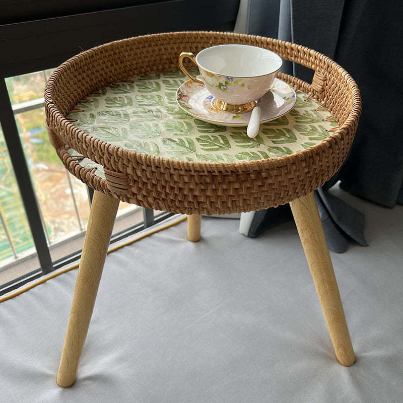 Rustic Handmade Shell Wood Rattan Side Table — G