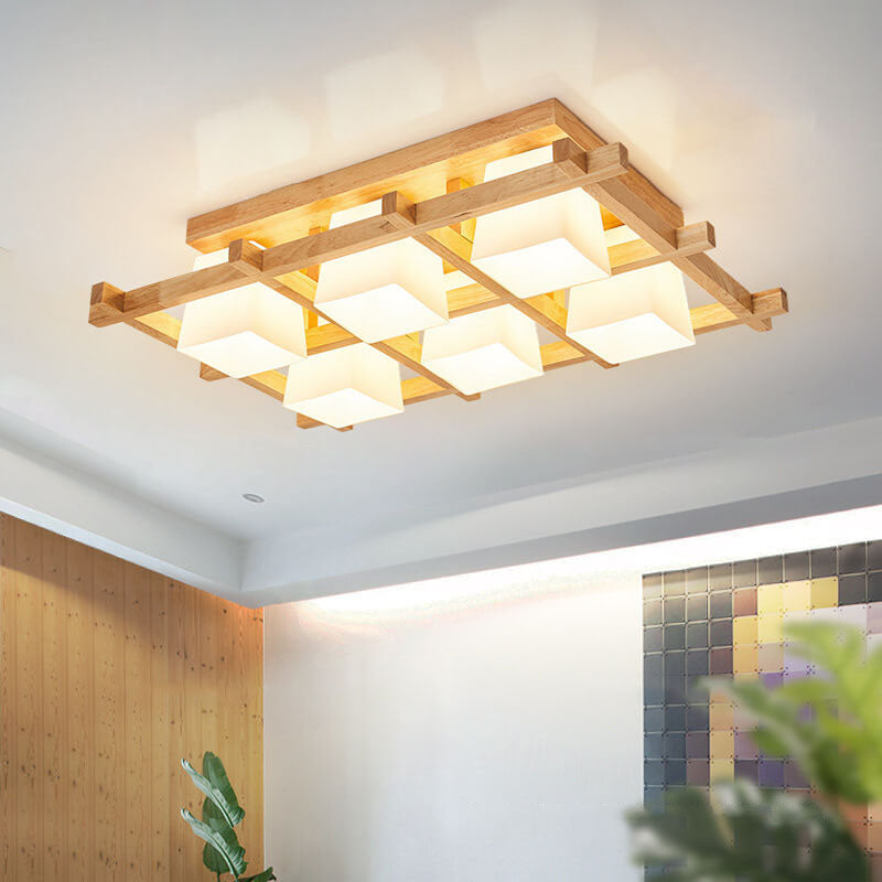 Japanese Wooden Square Flush Ceiling Light — 4 / 220V-240V For UK/AU