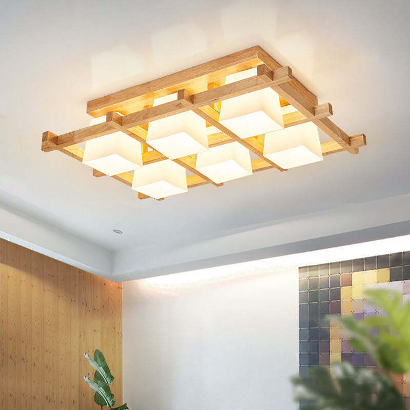 Japanese Wooden Square Flush Ceiling Light — 4 / 220V-240V For UK/AU