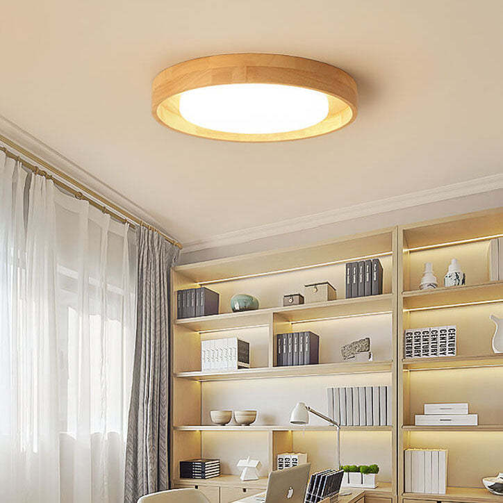 Japanese Wood Round LED Flush Mount Light