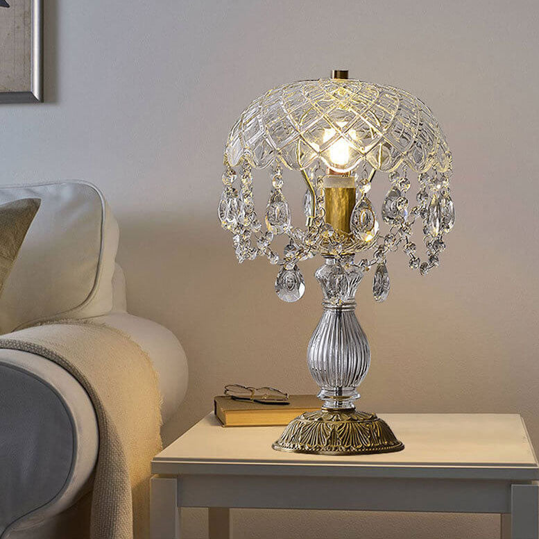 French Clear Crystal Tassel Copper Table Lamp