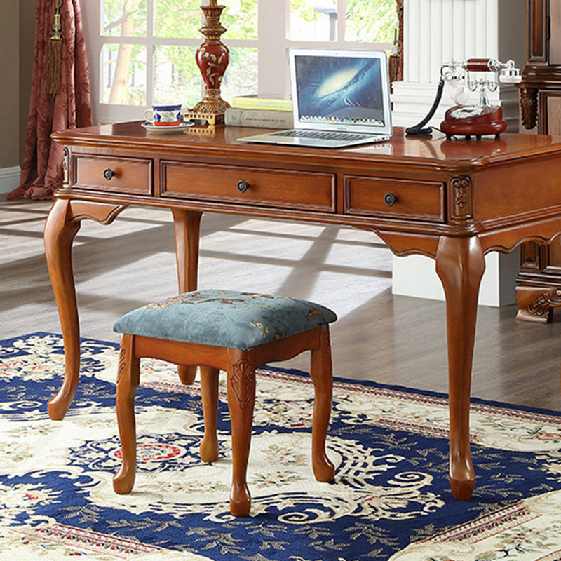 European Fabric Carved Wood Vanity Stool — Blue Fabric Seat