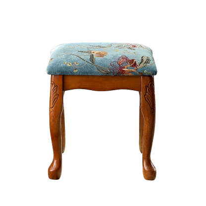 European Fabric Carved Wood Vanity Stool