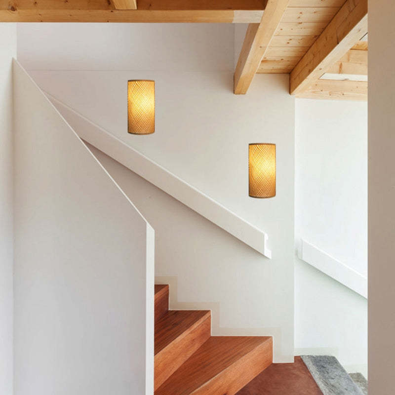 Japanese Woven Bamboo Semicircular Cylinder Sconce