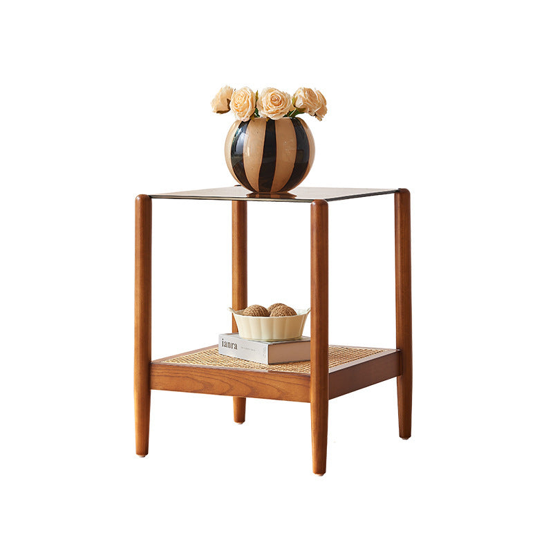 Japanese Woven Ash Wood Glass 2-Tier End Table