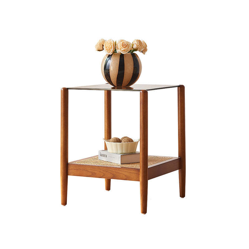 Japanese Woven Ash Wood Glass 2-Tier End Table