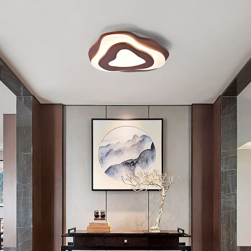 Modern Chinese Solid Wood Textured Geometric LED Flush Light