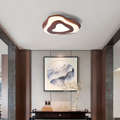 Modern Chinese Solid Wood Textured Geometric LED Flush Light
