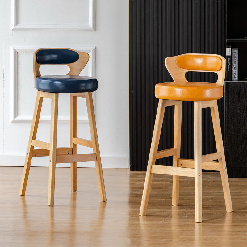 Modern PU Leather Wood Low-Back Bar Stool — Black PU Leather Cushion + Brown Frame