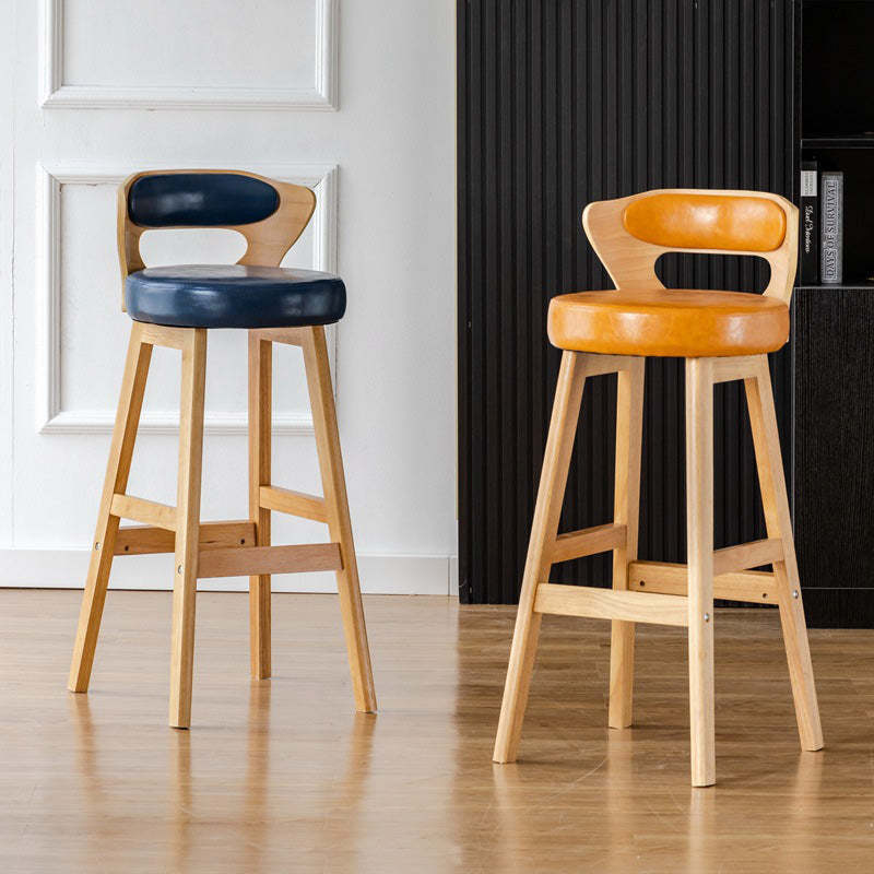 Modern PU Leather Wood Low-Back Bar Stool — Black PU Leather Cushion + Brown Frame