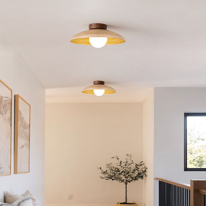 Japanese Wabi-Sabi Woodgrain Flying Saucer Semi-Flush Light