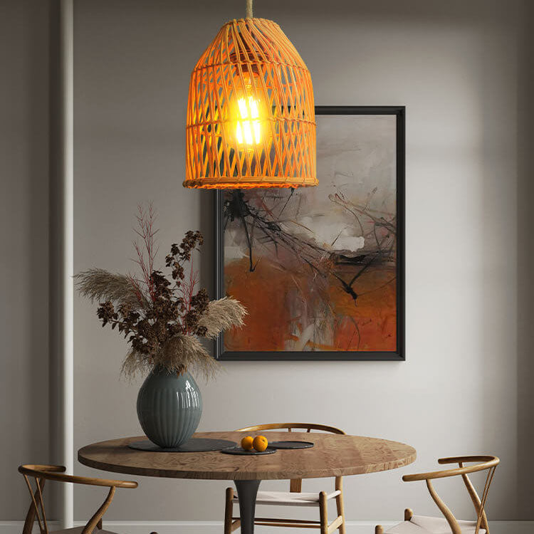 Vintage Rattan Dome Column Pendant Light