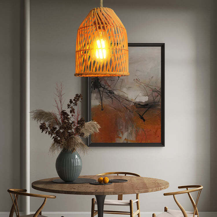 Vintage Rattan Dome Column Pendant Light