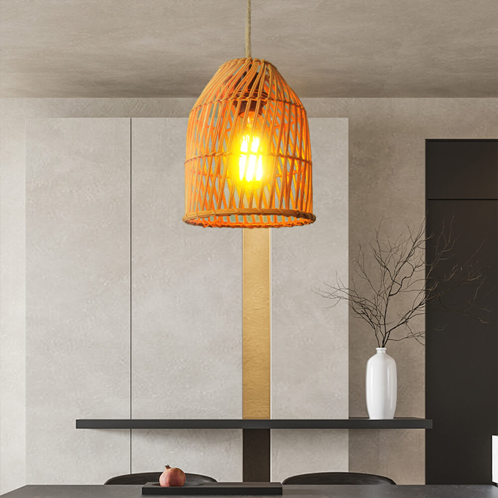 Vintage Rattan Dome Column Pendant Light