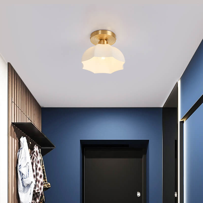 Japanese Vintage Brass Glass Dome Semi-Flush Ceiling Light