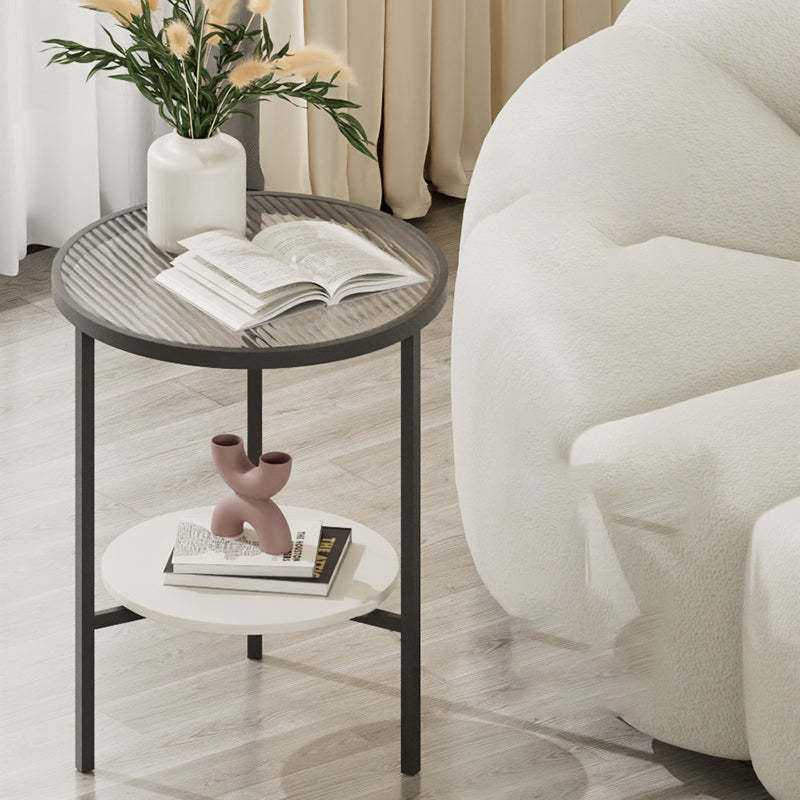 Minimalist Glass Sintered Stone Round Coffee Table 1-Shelf — Tinted Glass / Black Table Legs