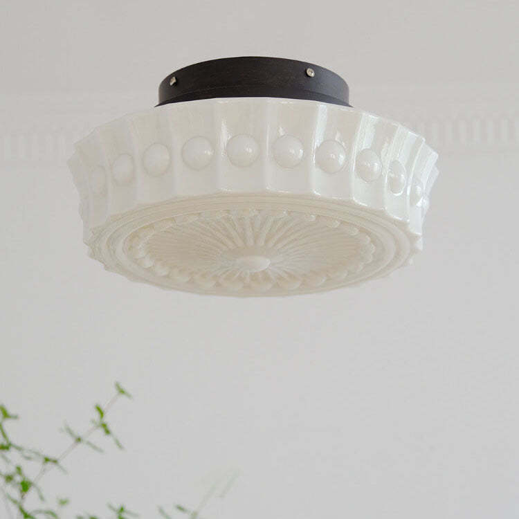 French Vintage White Jade Glass Drum LED Semi-Flush Light