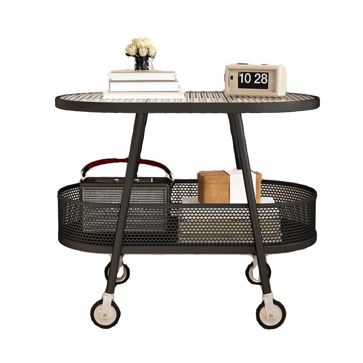 Modern Elliptical Glass Iron 2-Tier End Table