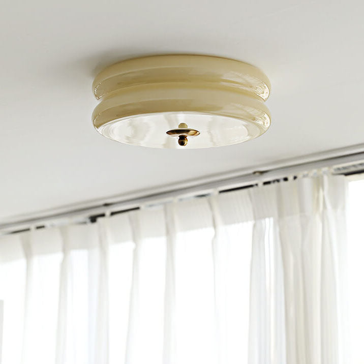 French Minimalist Cream Glass Round LED Flush Mount Light