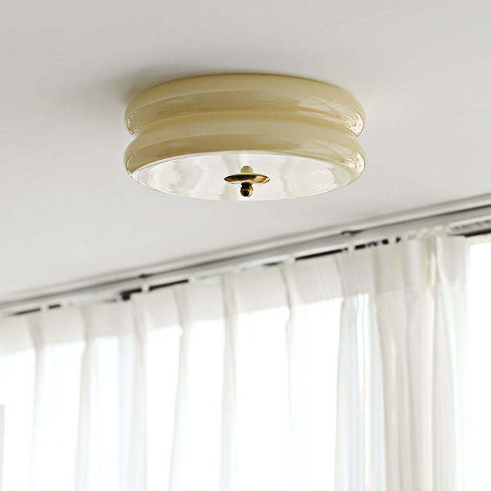French Minimalist Cream Glass Round LED Flush Mount Light