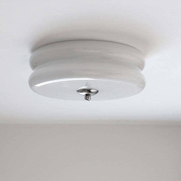 French Minimalist Cream Glass Round LED Flush Mount Light