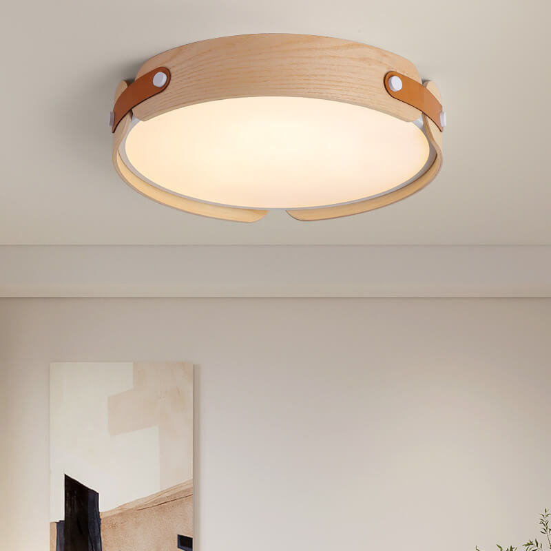 Minimalist Solid Wood Round Leather LED Flush Light