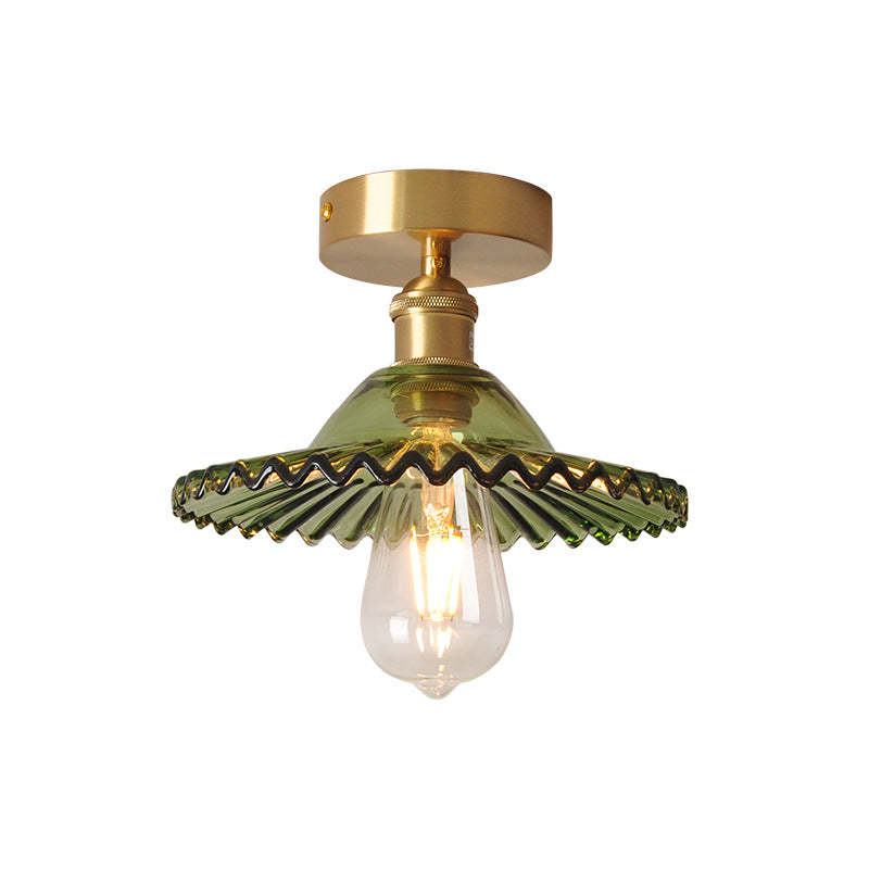 Japanese Vintage Brass Lotus Glass Semi-Flush Ceiling Light