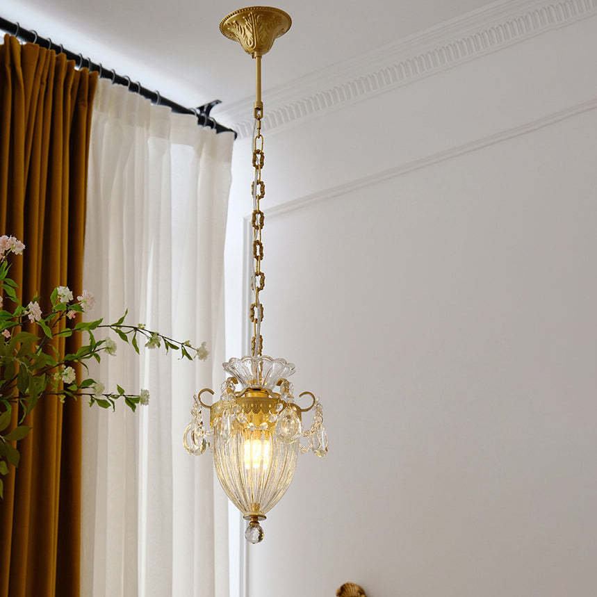 French Lantern Carved Copper Crystal Pendant Light