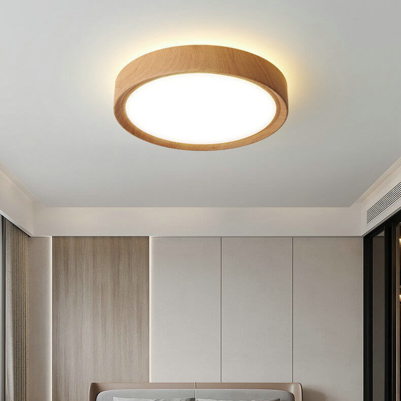 Minimalist grain round flush mount lighting in wood — 3.15" H x 11.81" Dia / Warm White (3000K) / 220V-240V (UK/AU)