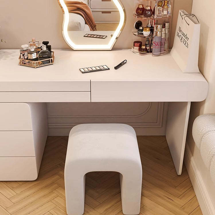 Minimalist Arched PU Leather Wood Vanity Stool — Beige