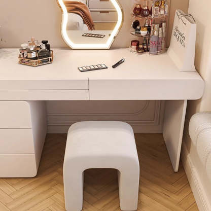 Minimalist Arched PU Leather Wood Vanity Stool — Beige