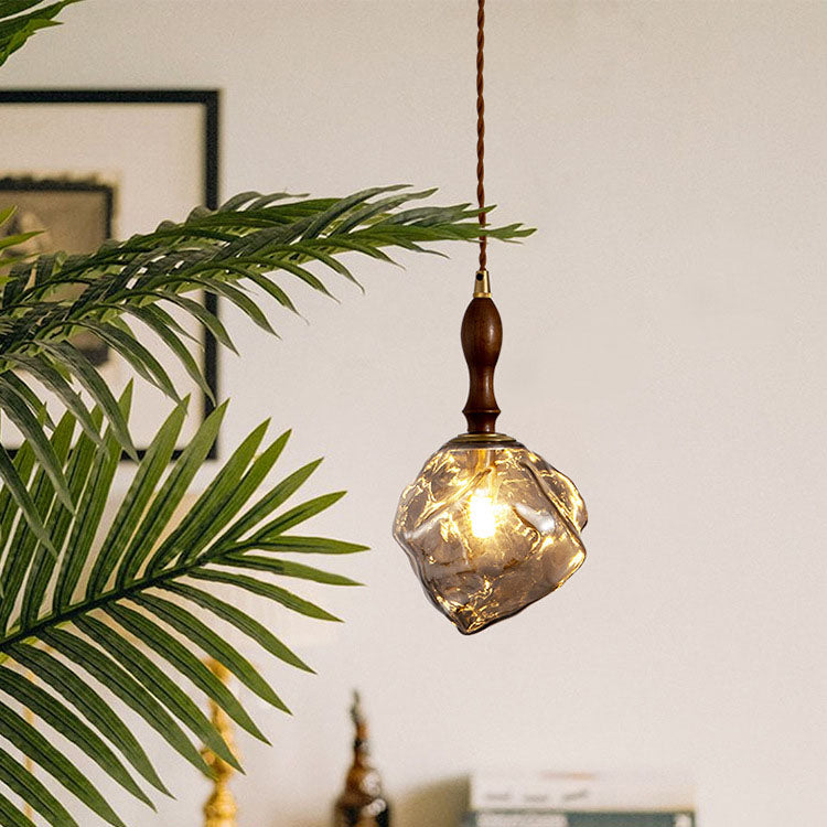 Vintage Ice Cube Glass Aluminum Wood Pendant Light