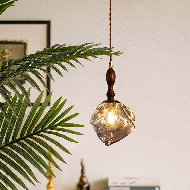 Vintage Ice Cube Glass Aluminum Wood Pendant Light