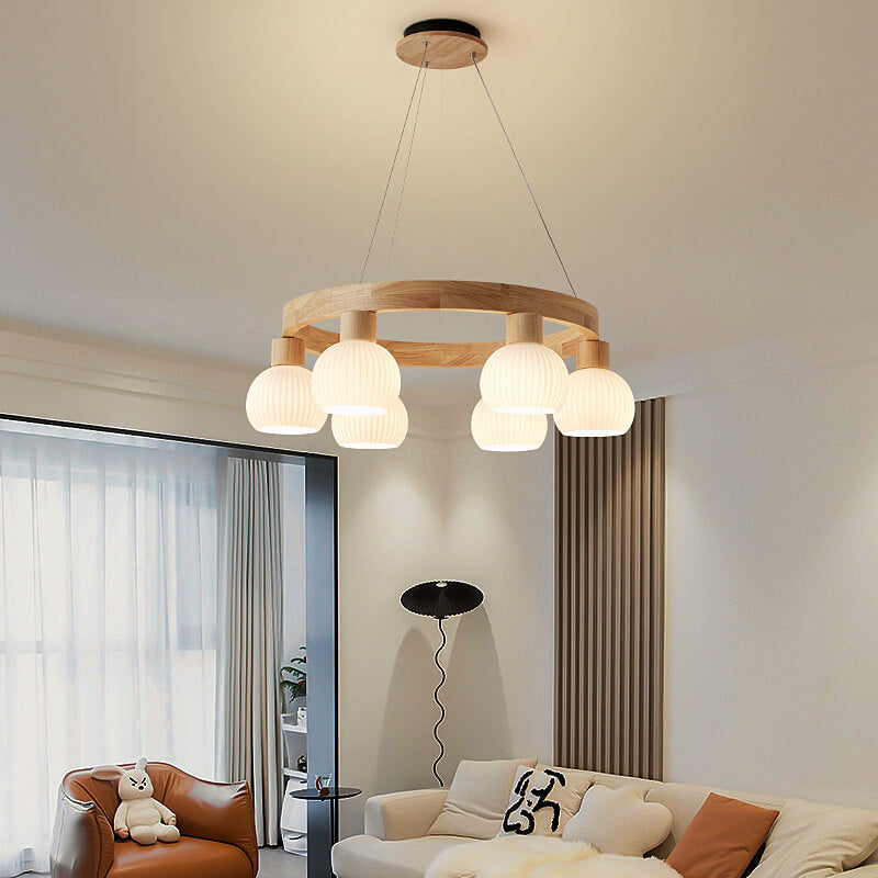Lighom japanese textured globe wood chandeliers — Warm White (3000K) / 3-Light / 220V-240V (UK/AU