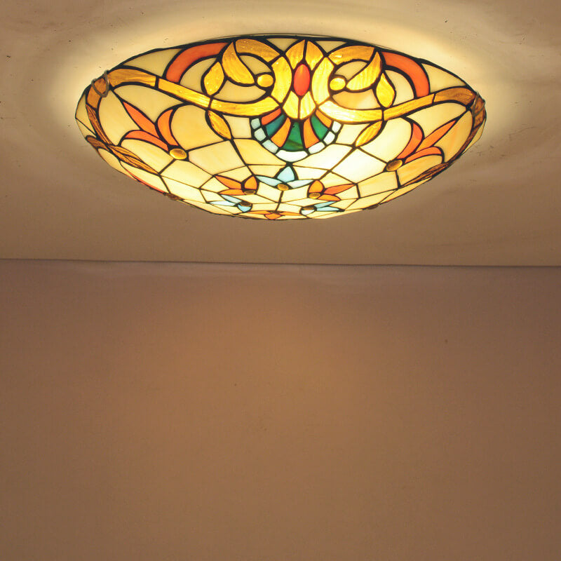 European Tiffany Baroque Round Stained Glass Flush Light