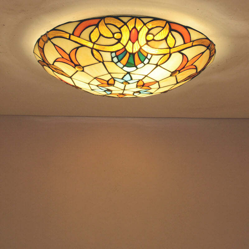 European Tiffany Baroque Round Stained Glass Flush Light