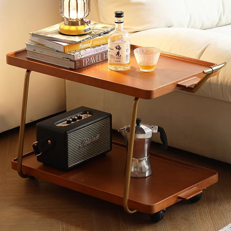 Retro Rubber Wood Stainless Steel Movable Side Table 2-Tier