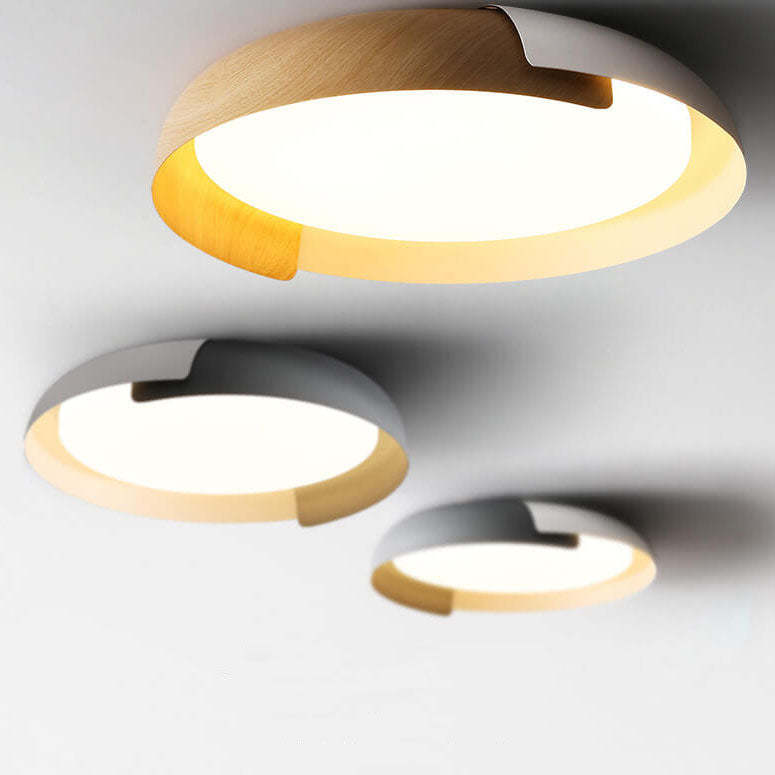 Minimalist Round Bowl Wood Grain LED Flush Mount Light