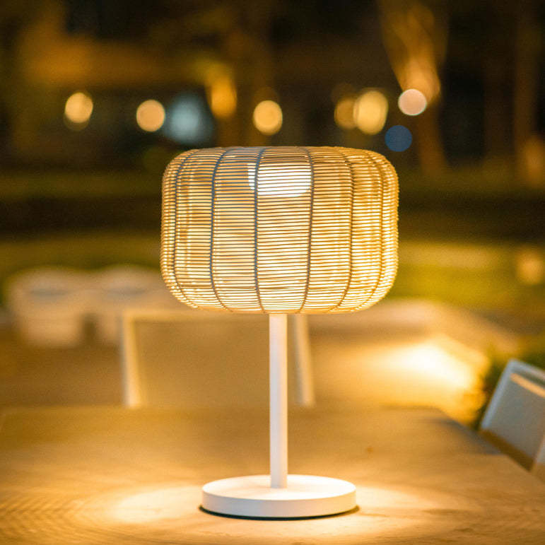 Retro Solar Woven Rattan Metal Cylinder LED Landscape Light